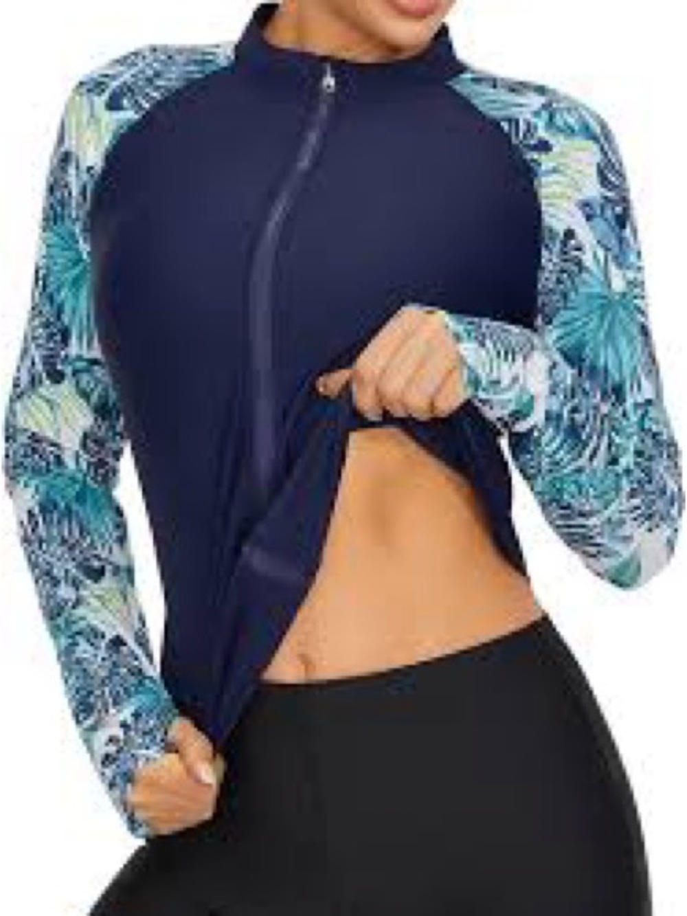 NWT SIZE S Navy Floral-Sleeve Zip-Front Women's Swim Coverup